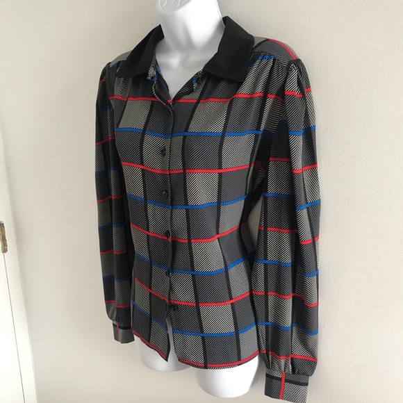 St.Michael Chic Plaid Pattern Black Collared Button Down Shirt with Belt 90’s - Picture 4 of 16